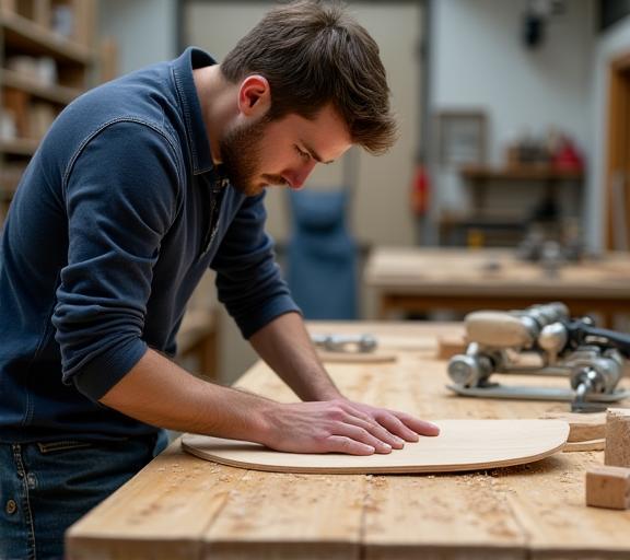Ein Mitarbeiter von Urban Glide AG schleift ein Skateboard-Deck in der Werkstatt in Bern